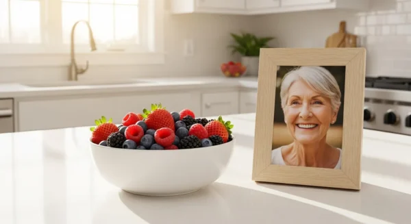A bright kitchen counter in daylight, featuring a bowl of fresh berries next to a framed photo of a smiling senior.