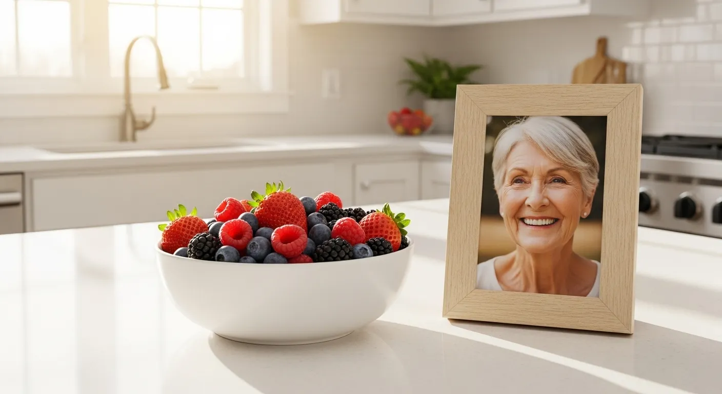 A bright kitchen counter in daylight, featuring a bowl of fresh berries next to a framed photo of a smiling senior.