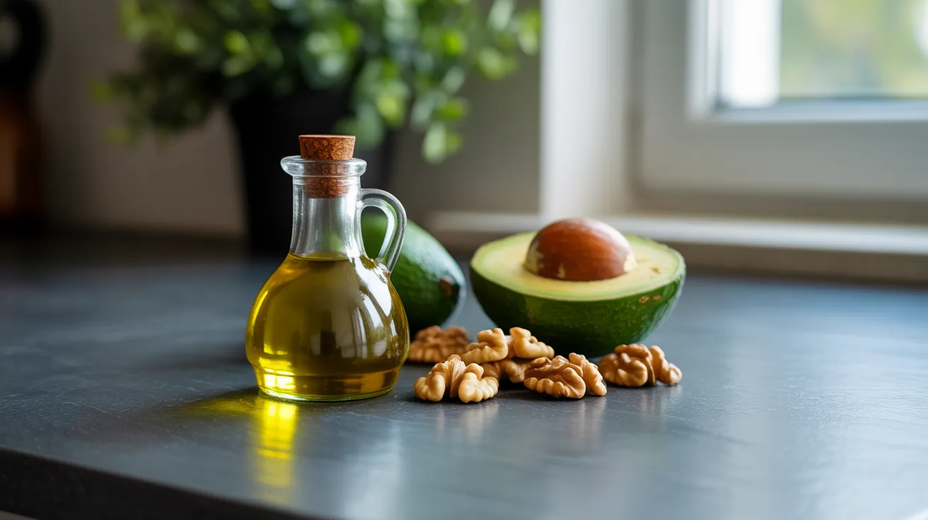 A close-up of a halved avocado, walnuts, and a small bottle of olive oil arranged on a slate board, representing healthy fats.