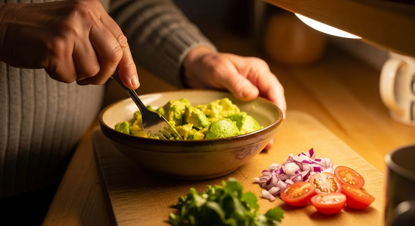 A close-up of a senior's hands mashing avocado in a bowl with a fork on a kitchen counter under warm, soft evening light.