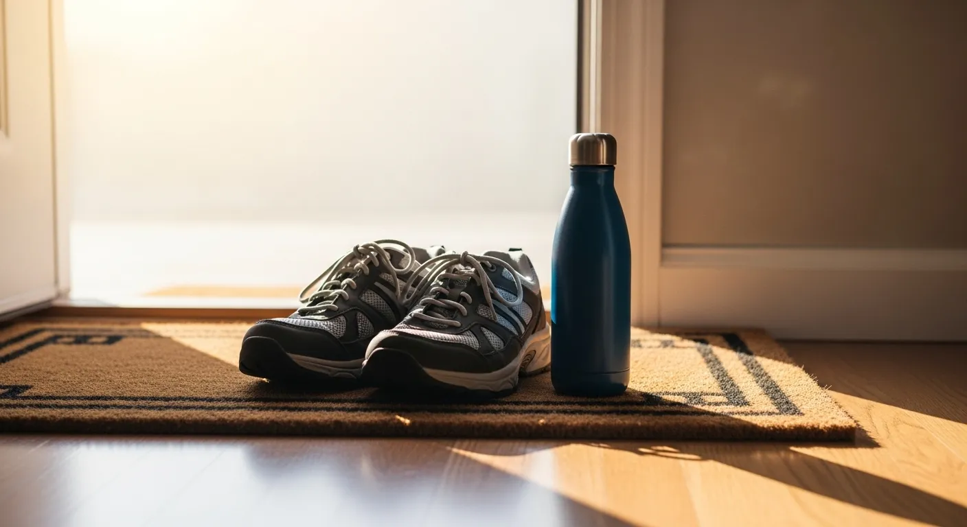 A pair of sturdy walking sneakers and a water bottle sit neatly on a doormat by a sunlit door, ready for a walk.