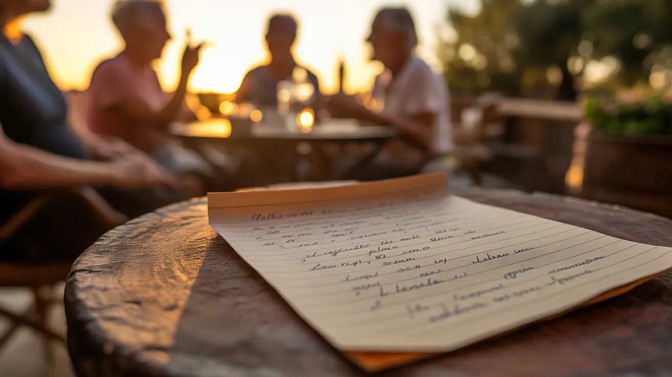 A close-up of a healthy recipe card on an outdoor table at sunset, with friends socializing in the blurred background.
