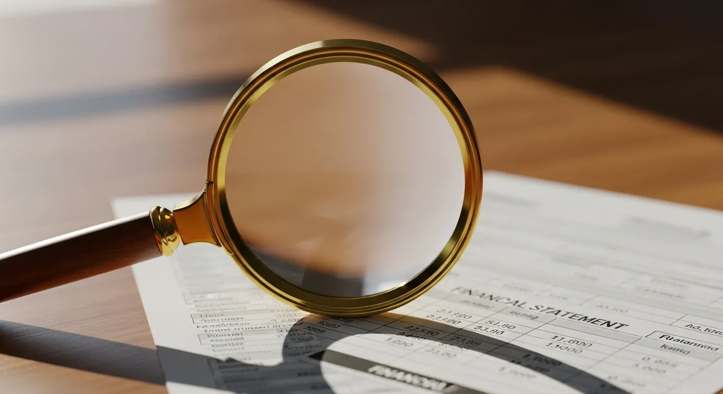 A magnifying glass held over a blurred financial document on a desk, symbolizing a close look at hidden bank fees.