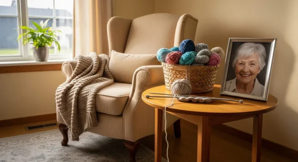 A comfortable armchair and a knitting basket in a sunlit corner, with a framed photo of a smiling senior on a side table.