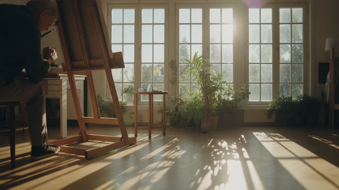 An ultra-wide shot of a sunroom art studio, where a senior is intently painting at an easel. Harsh midday sun casts long shadows across the room.