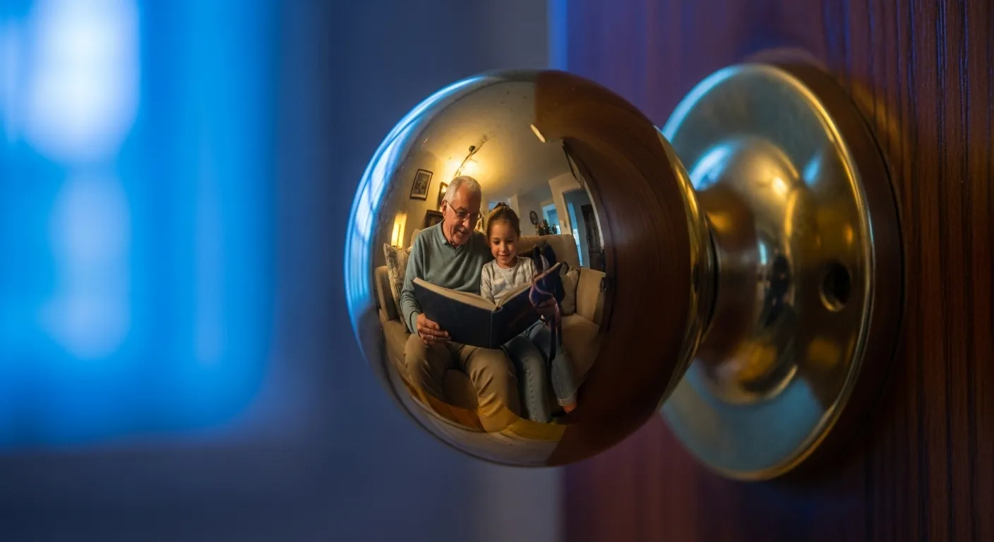 A close-up of a shiny brass doorknob at dusk, reflecting a distorted, warm image of a grandparent and child reading a book on a couch.