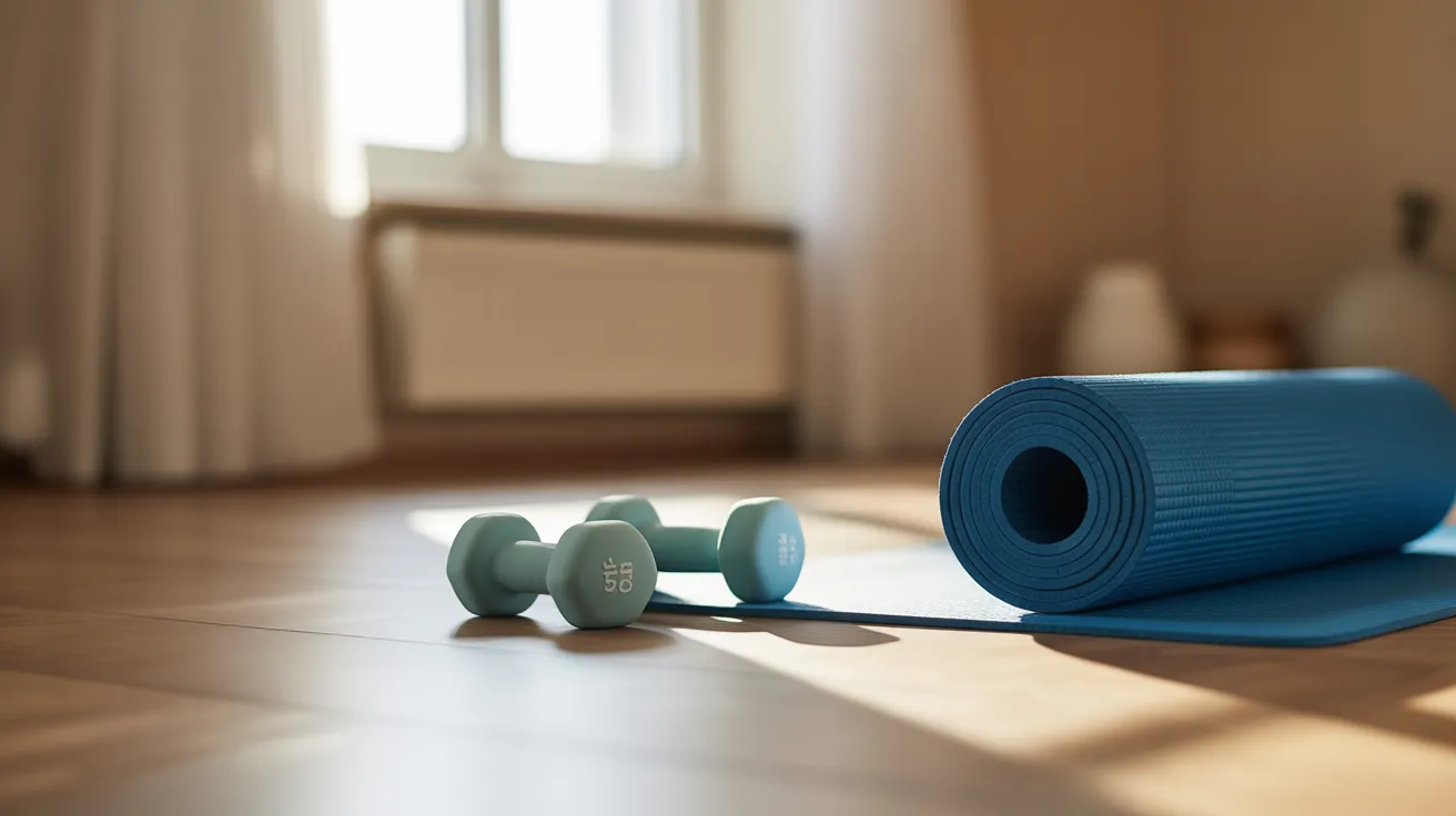 A rolled-up yoga mat and a pair of light dumbbells sit on a sunlit wooden floor, ready for a home workout.