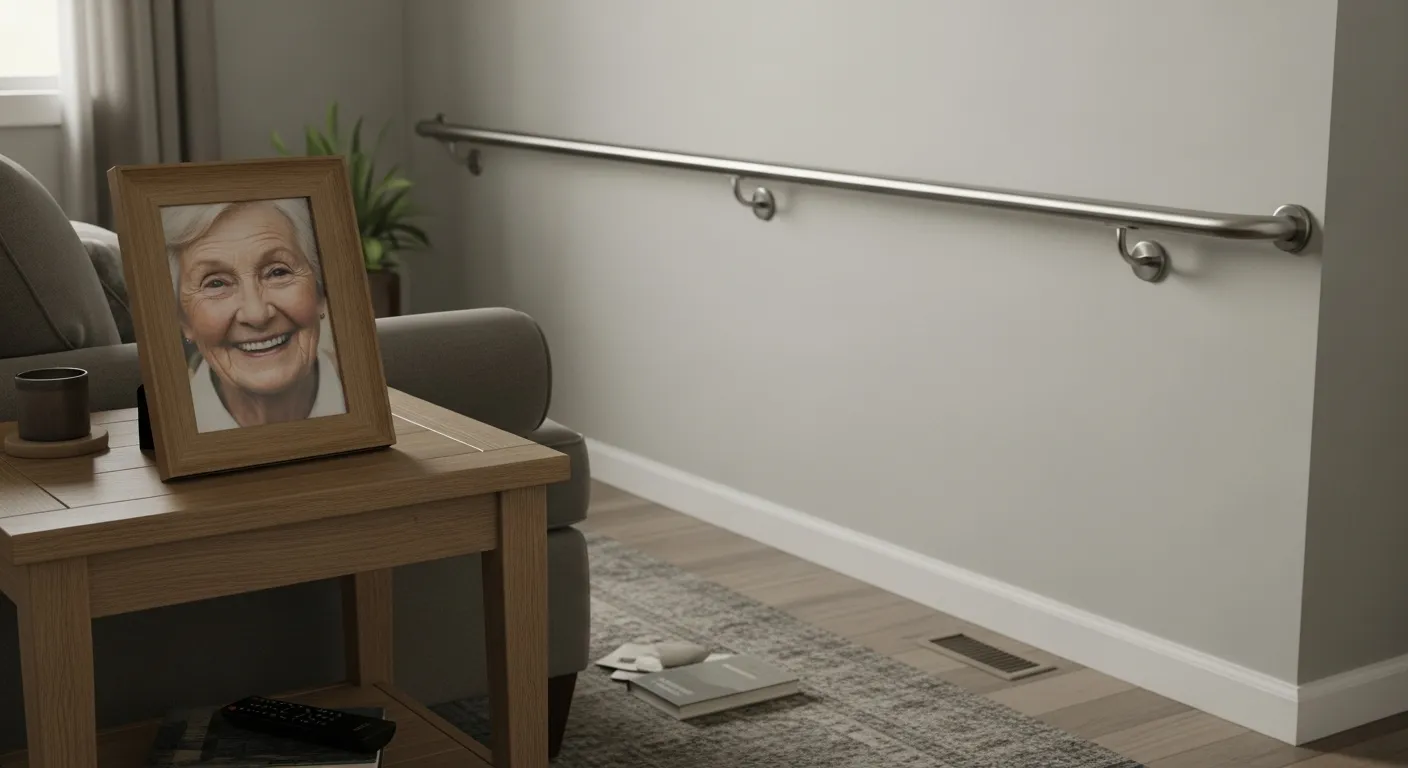 Wide view of a tidy living room with a handrail on the back wall. A framed photo of a smiling senior sits on a small table.