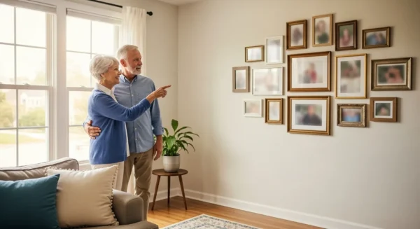 A senior man and woman smile happily as they look at a gallery wall of framed photos they have just hung in their sunlit living room.