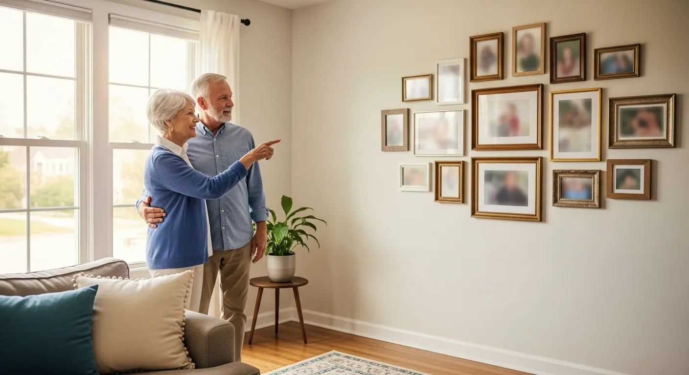 A senior man and woman smile happily as they look at a gallery wall of framed photos they have just hung in their sunlit living room.