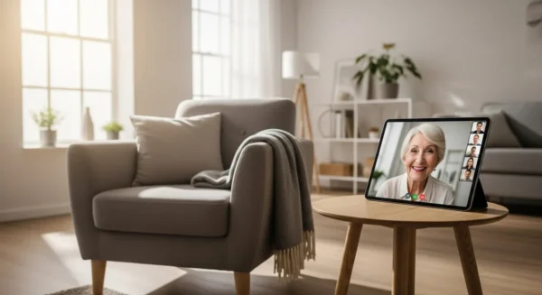 A wide view of a bright living room with a tablet on a table showing a video call with a smiling senior woman.