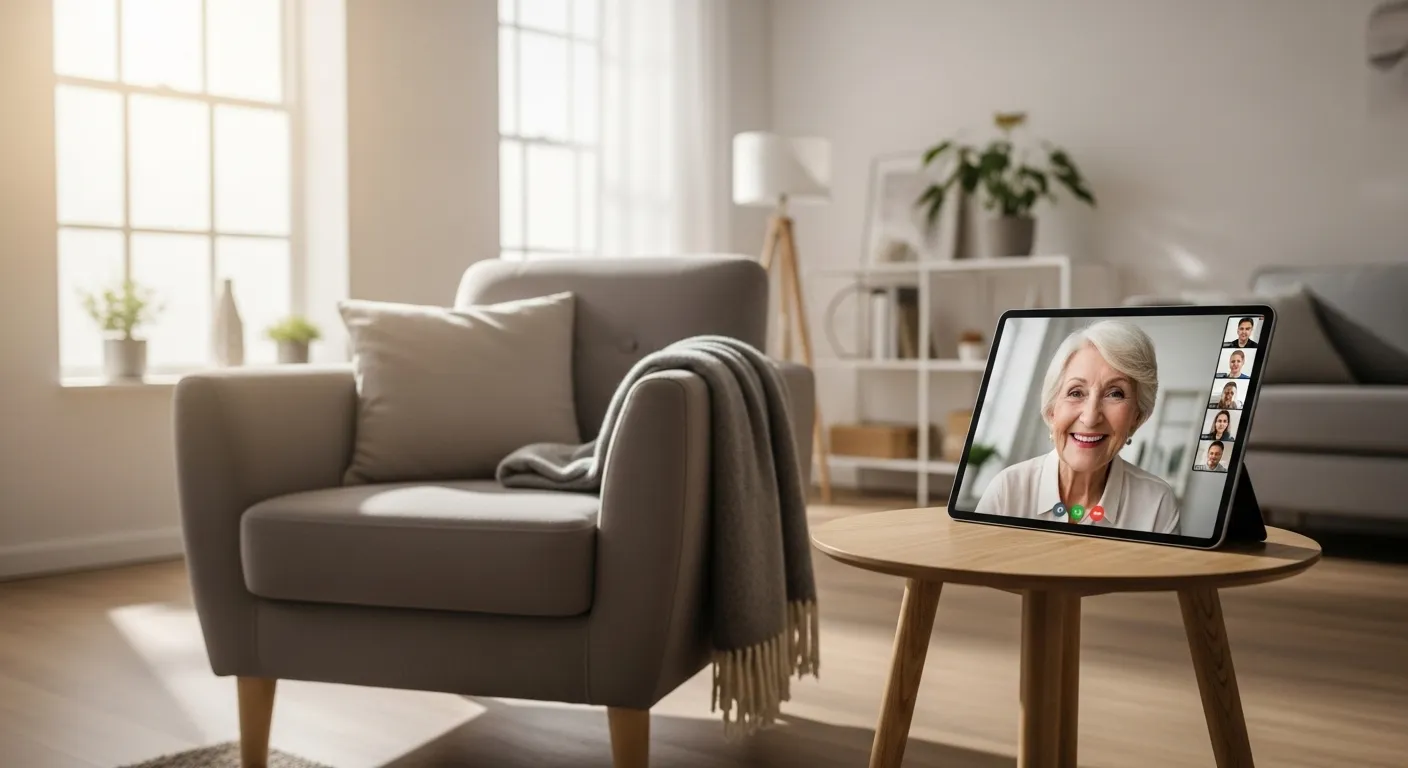 A wide view of a bright living room with a tablet on a table showing a video call with a smiling senior woman.