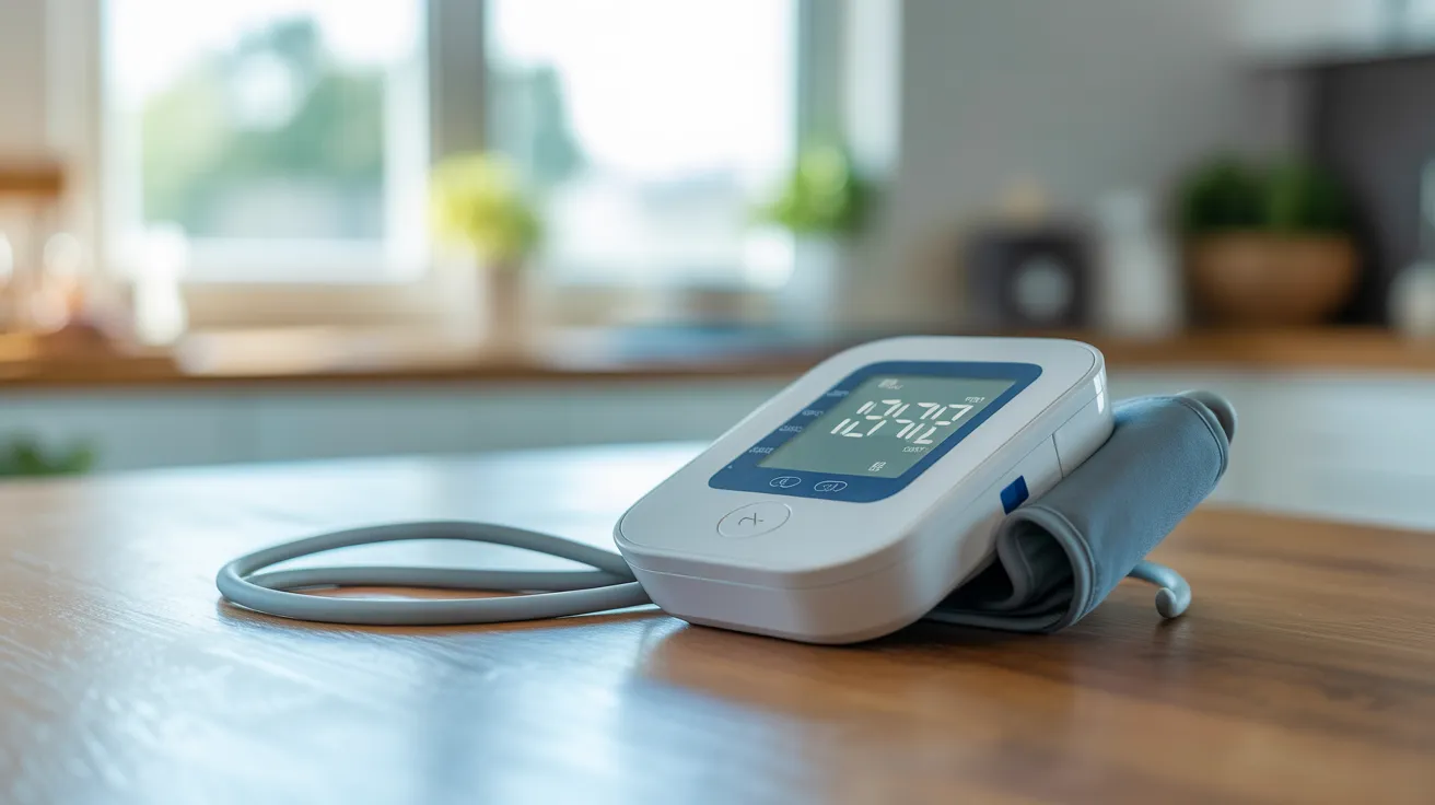 A digital blood pressure monitor sits on a wooden table in bright daylight. The numbers on the screen are blurred.
