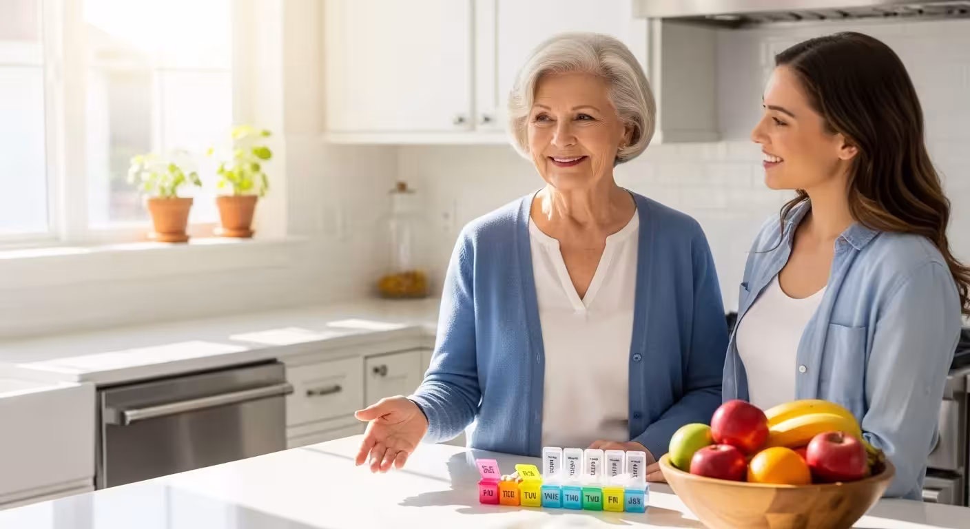 A senior woman and her daughter smile in a bright kitchen, looking at a newly organized counter with a pill organizer and fruit.