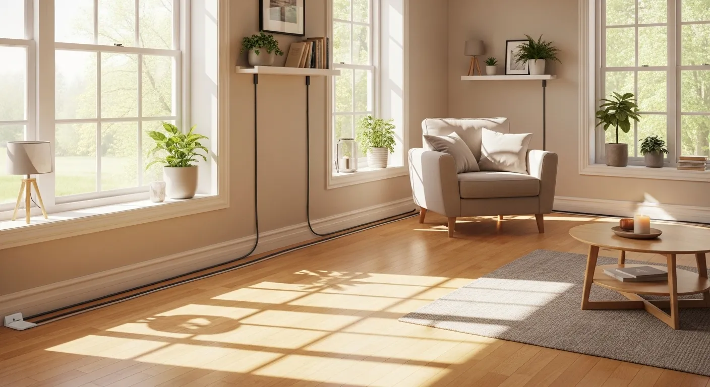 A bright, tidy living room with clear walkways and no clutter, emphasizing a safe environment for independent living.