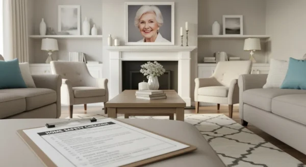 A sunlit living room with a home safety checklist on a coffee table and a framed photo of a smiling senior woman on the mantelpiece.