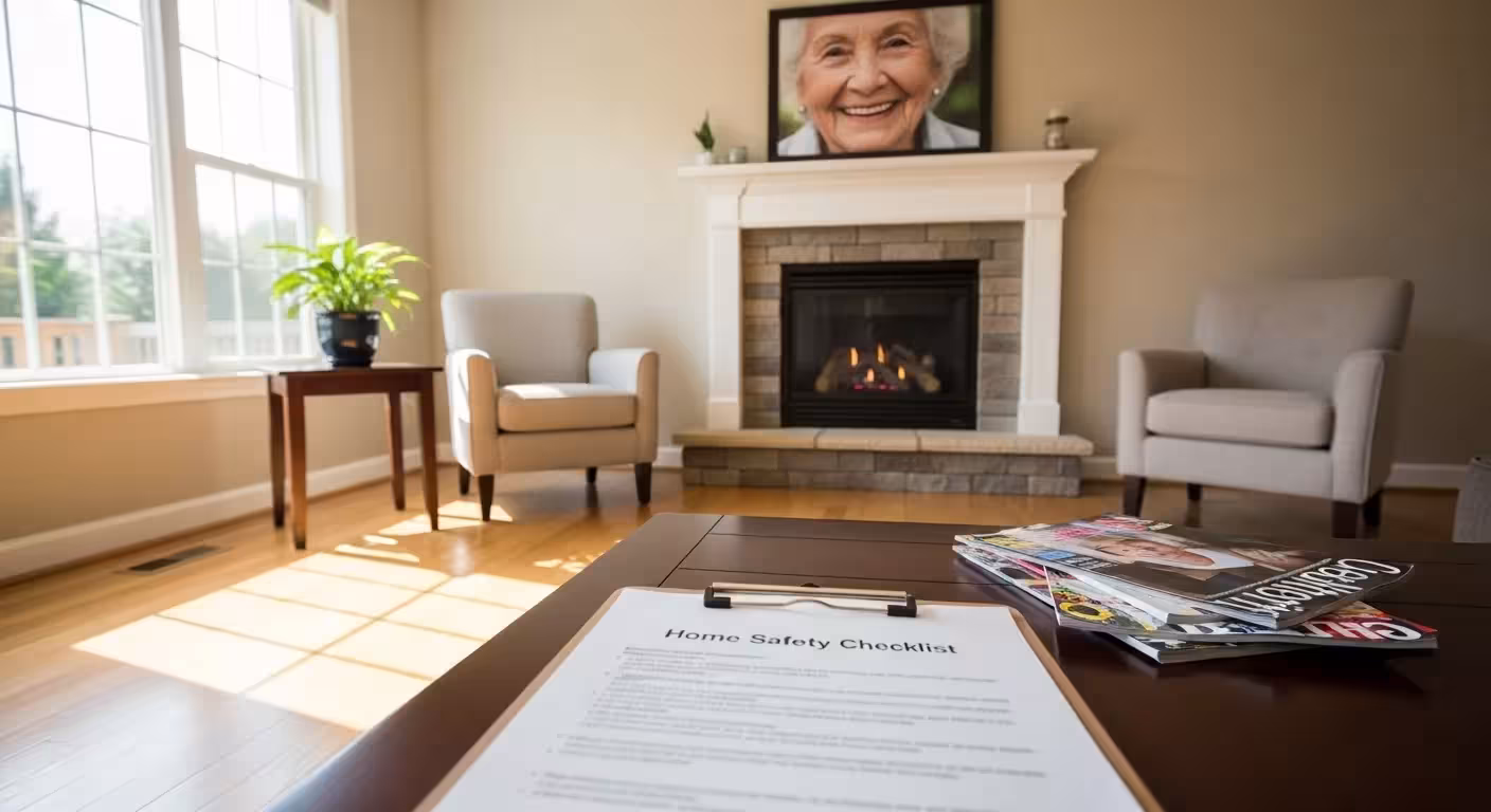 A home safety audit checklist on a coffee table in a bright living room, with a framed photo of a smiling senior on the mantel in the background.