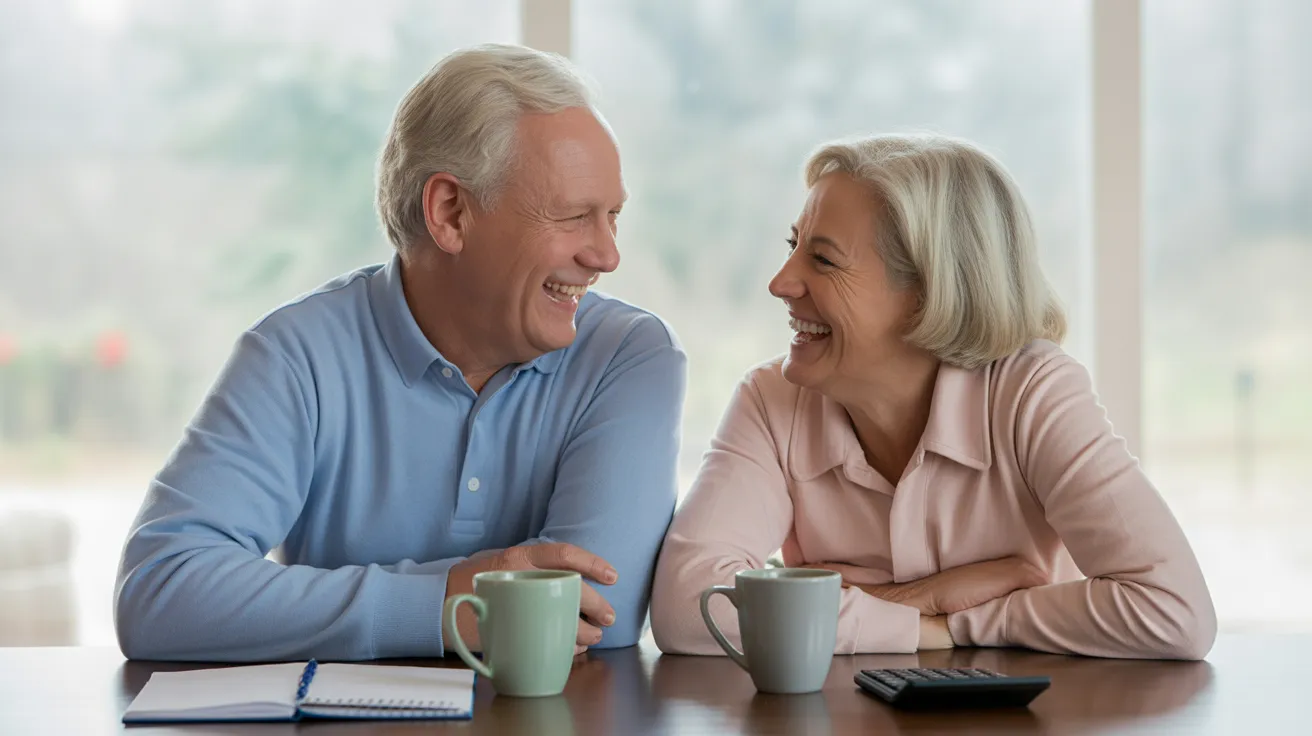 A senior man and woman laugh together at their bright kitchen table, with a calculator, notebook, and coffee nearby.
