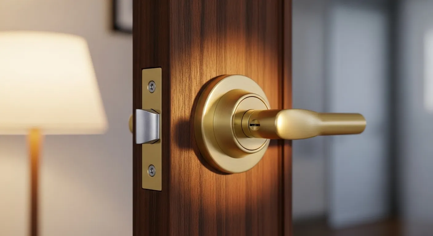 A close-up of a shiny brass deadbolt lock on a wooden door, turned to the locked position and lit by a warm side lamp.