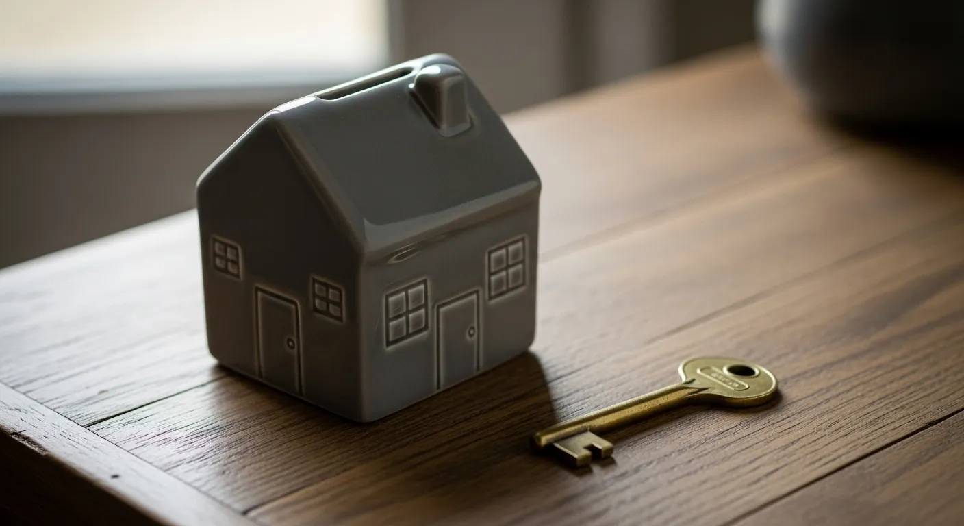 A small, house-shaped piggy bank sitting next to a single key on a wooden table in soft, natural light.