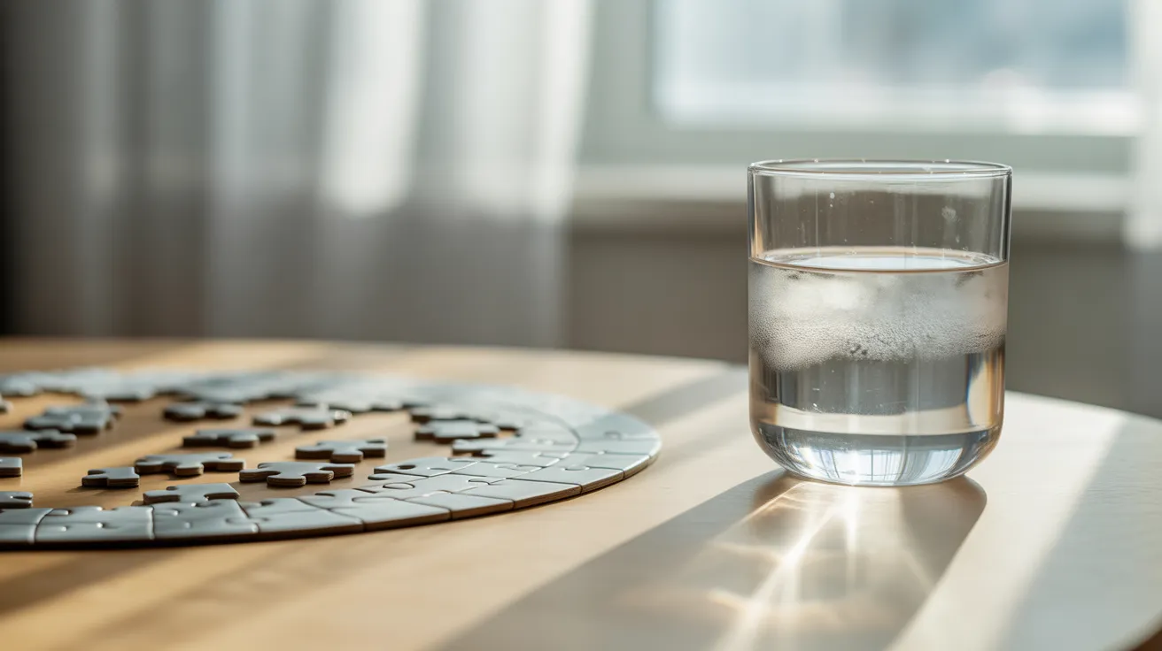 A glass of water sits on a wooden table next to a partially completed jigsaw puzzle, seen from above.
