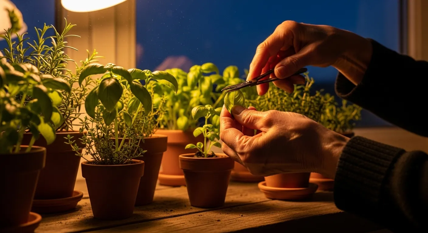 A close-up of a senior's hands tending to small potted herbs on a windowsill, warmly lit by a lamp in the evening.