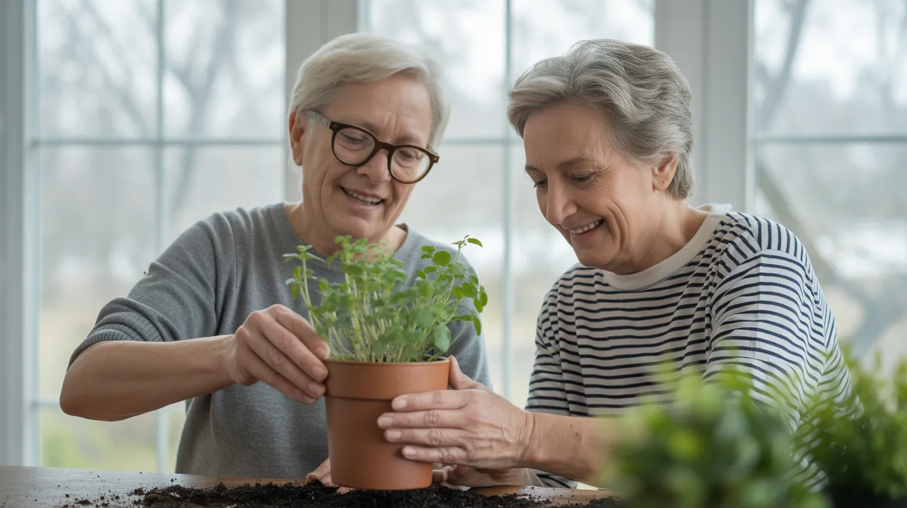 A smiling senior couple works together to pot a small basil plant into a terracotta pot at their sunlit kitchen table.