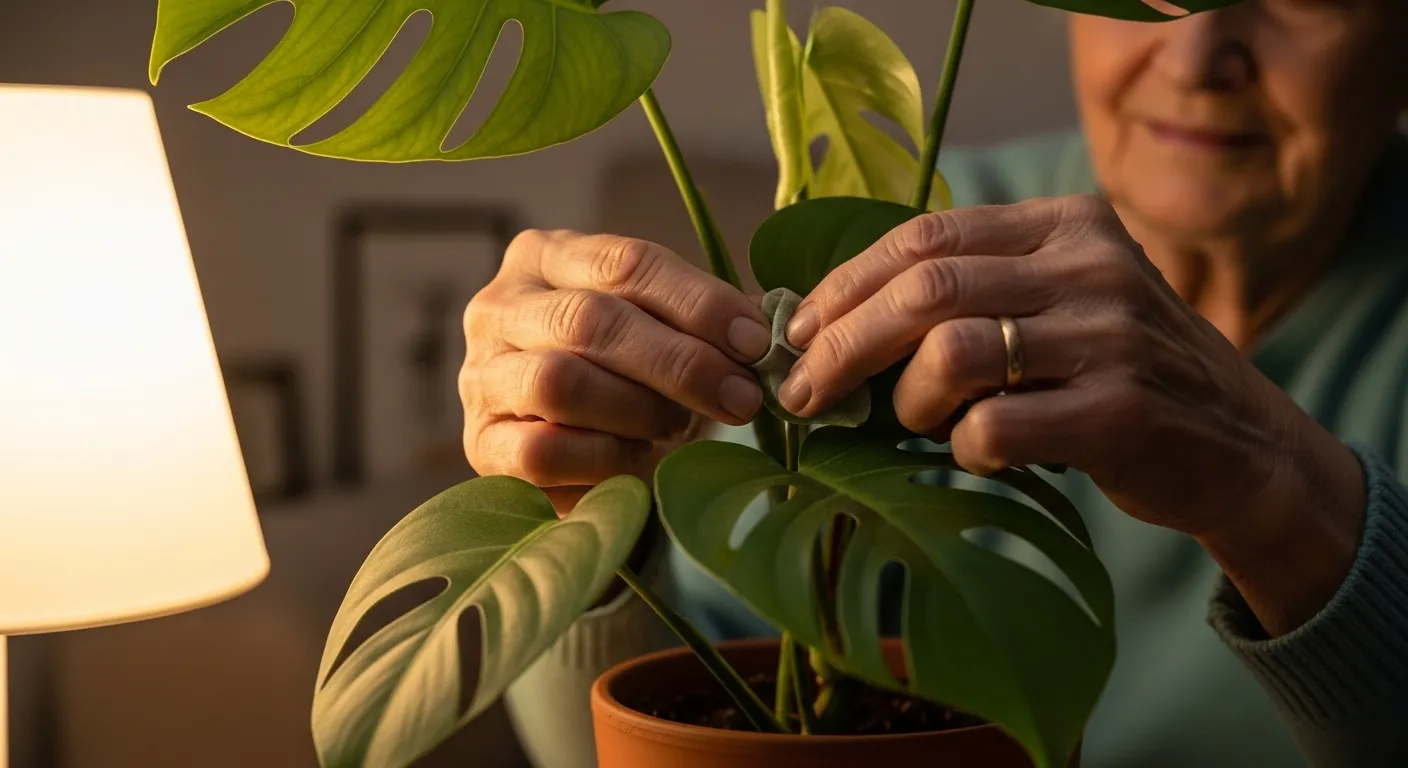 A close-up of an older person's hands gently misting the leaves of a green houseplant under the warm glow of a lamp.