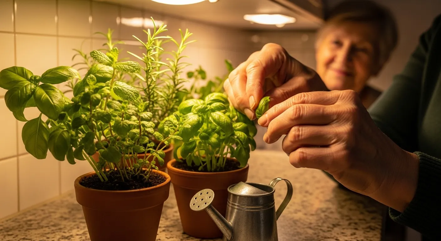 A close-up of a senior's hands touching the leaves of a small potted herb plant, illuminated by a warm evening lamp in a kitchen.