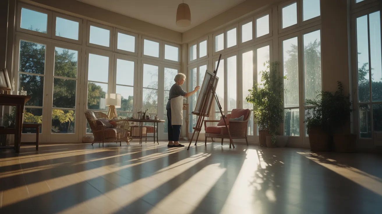 An ultra-wide view of a sunlit room where a senior is focused on painting at an easel. Harsh midday sun creates long shadows on the floor.