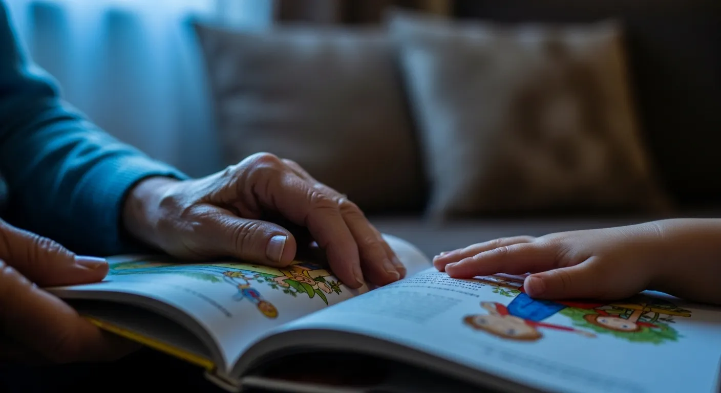A close-up of a grandparent's and grandchild's hands on an open storybook, seen in the gentle blue light of twilight.