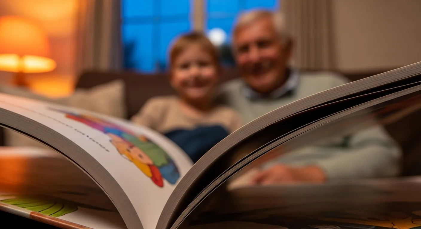 A close-up of an open storybook, with a grandparent and child reading together on a sofa blurred in the background during twilight.