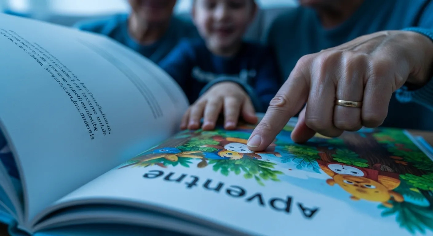 A close-up of a child's hand and an older adult's hand on a storybook, with their blurred figures visible in the background at dusk.