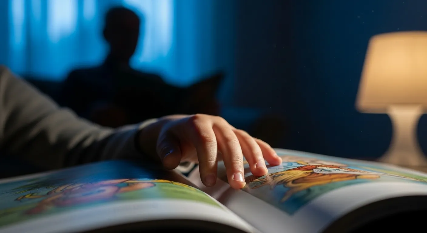 A macro photograph of a child's hand on an open book, with the blurred form of a grandparent reading in the background at twilight.