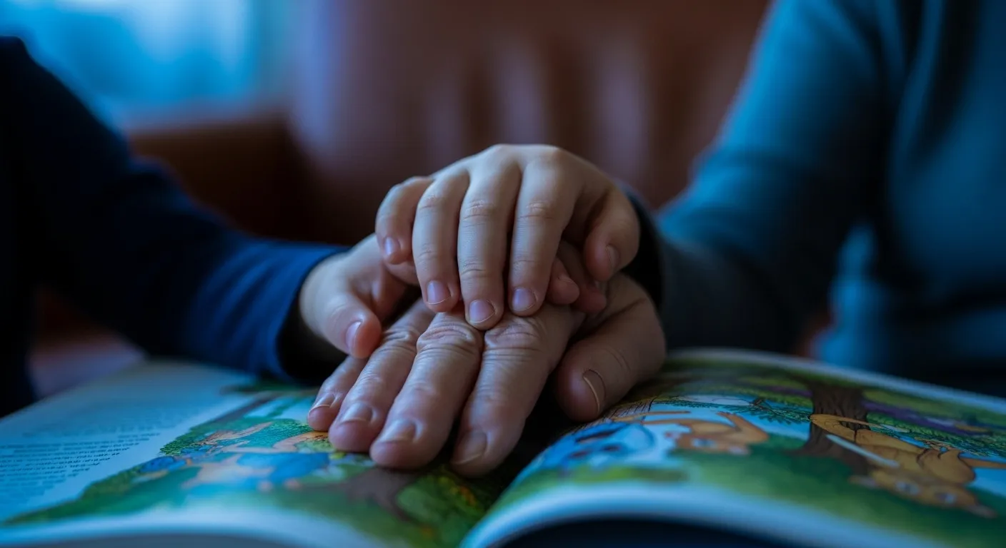 A close-up of a child's hand and a grandparent's hand together on an open storybook during twilight.