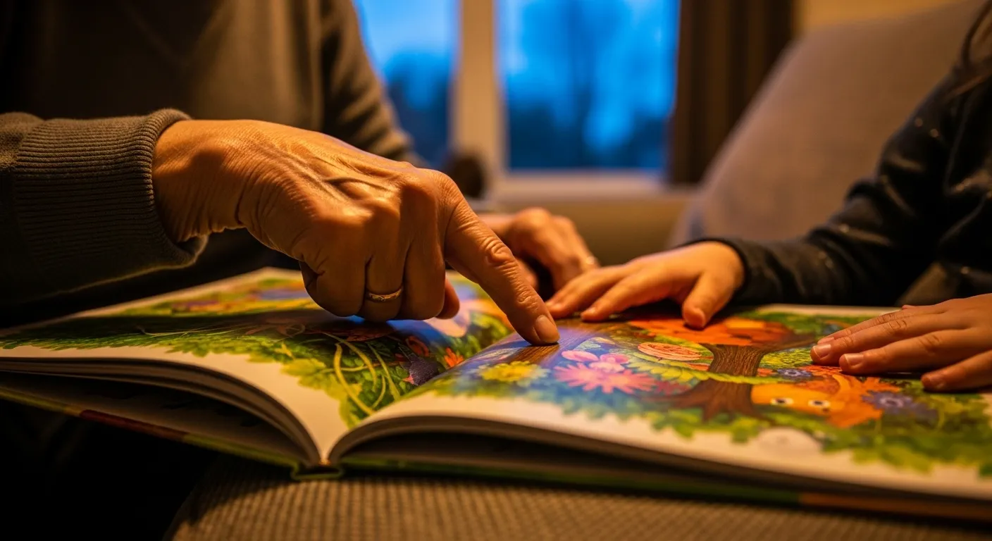 A tight close-up of a grandparent's and grandchild's hands together on an open storybook during twilight, suggesting a shared moment.