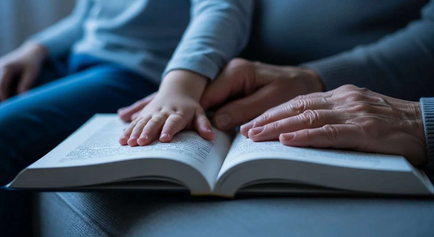 A close-up of a child's hand and an older adult's hand together on the page of an open book at twilight.