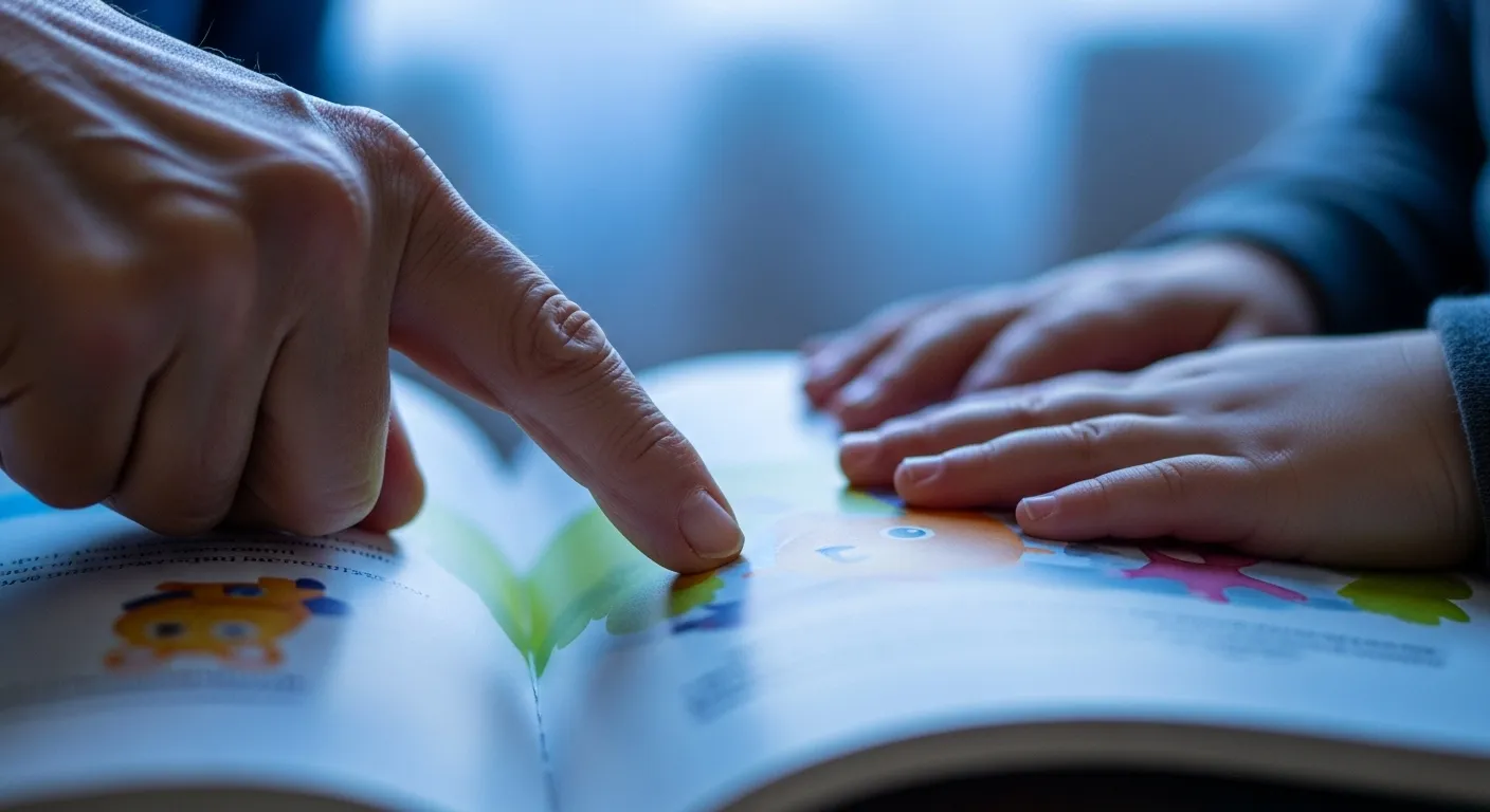 A close-up of an older person's finger pointing at a picture in a book, with a small child's hand resting on the page beside it in twilight.