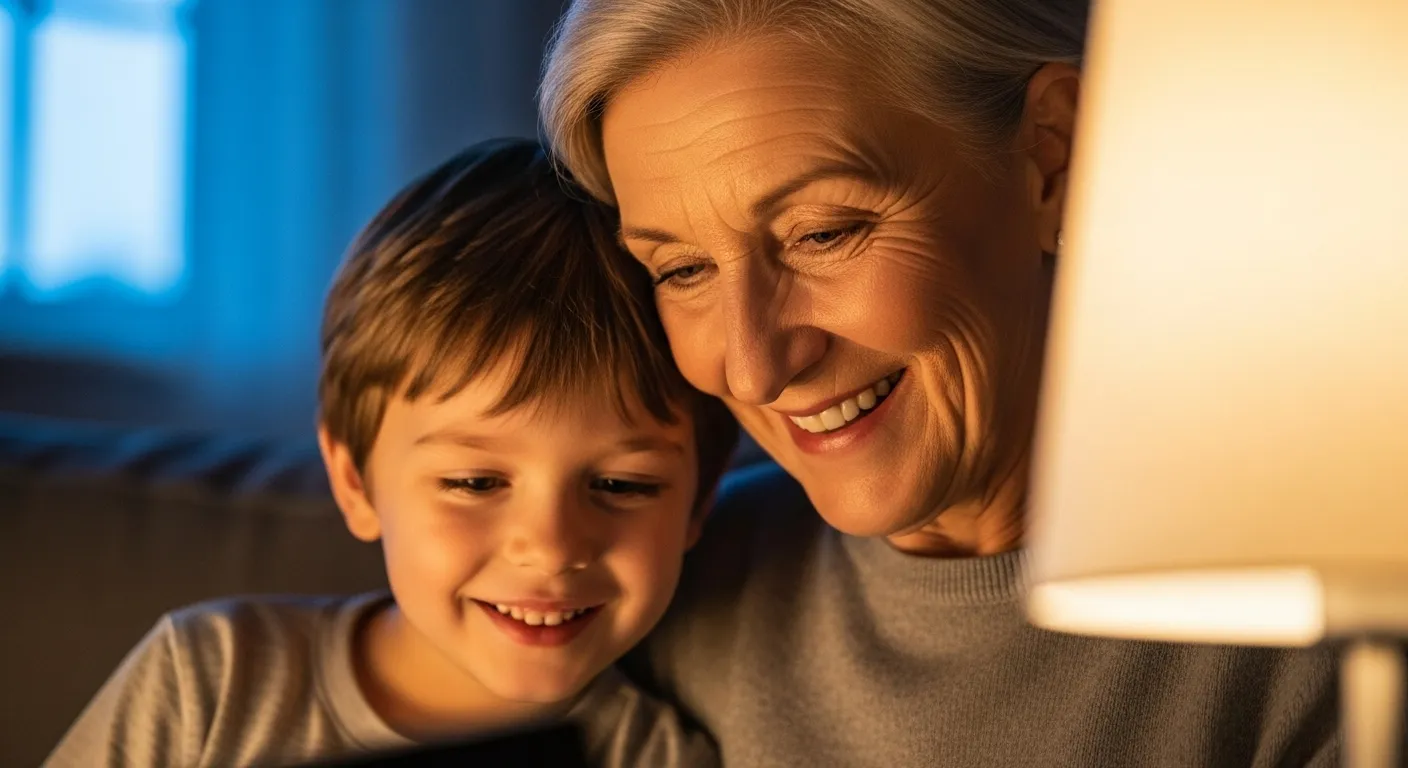 An intimate close-up of a grandparent and grandchild smiling together as they read a book on a sofa in the evening.