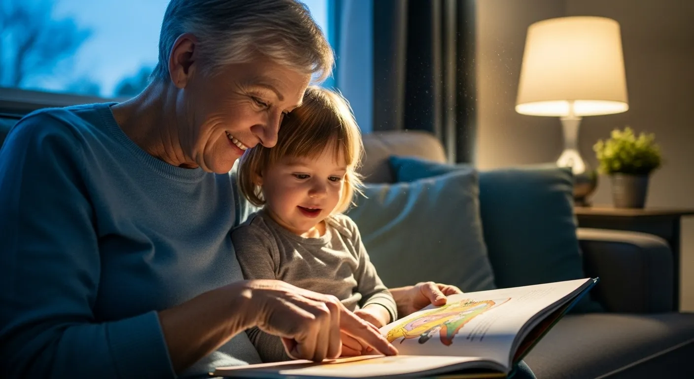 A close-up of a smiling grandparent and grandchild reading a book together on a sofa during twilight.