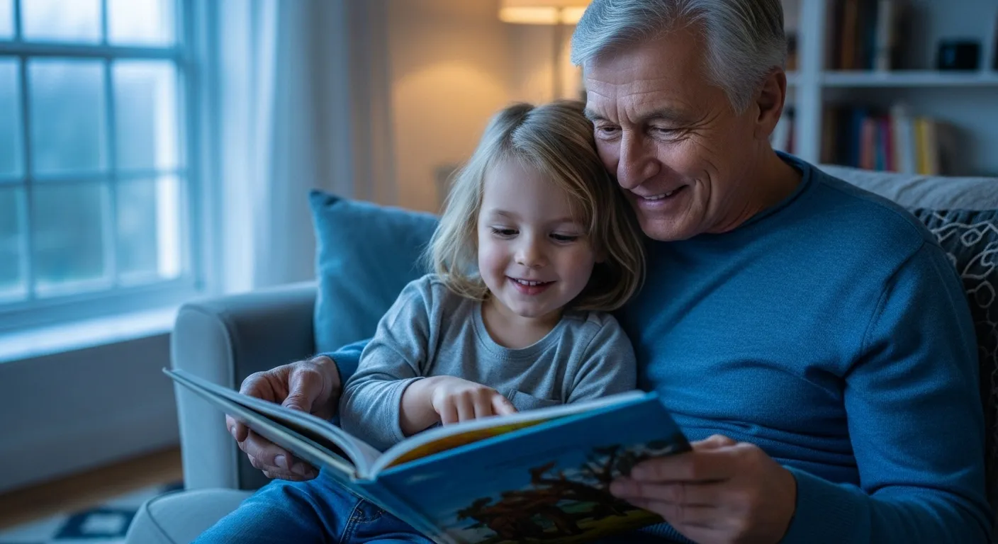 A grandparent and a young grandchild smile as they read a picture book together on a sofa during twilight.