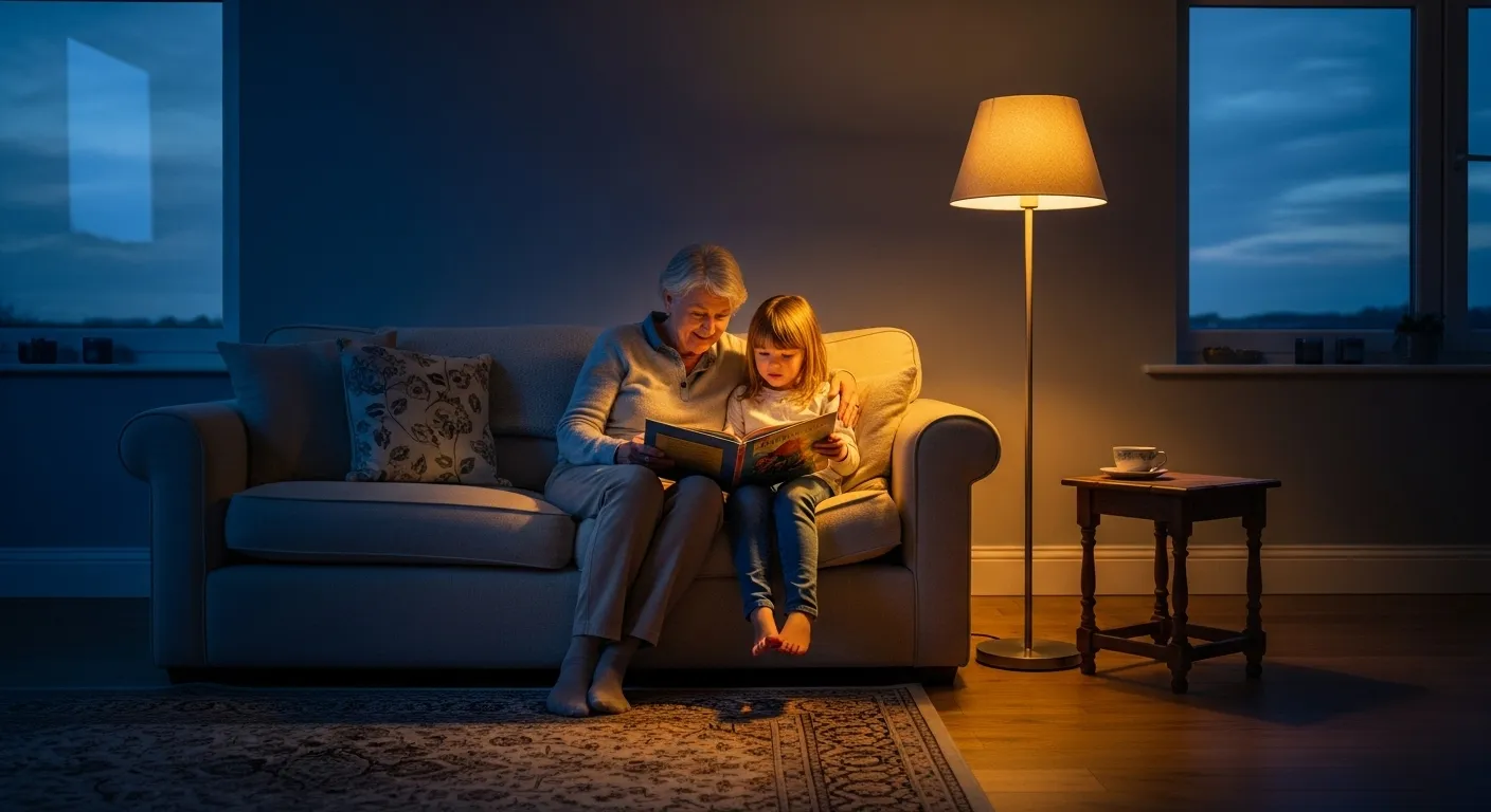 An intergenerational scene of a grandparent and grandchild reading a book together on a sofa in a dimly lit living room at dusk.