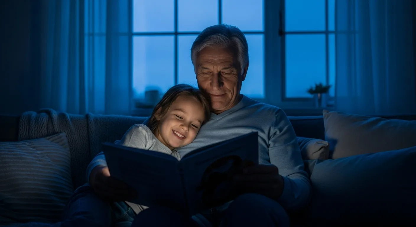 A grandparent and a grandchild reading a book together on a sofa in the gentle light of dusk.
