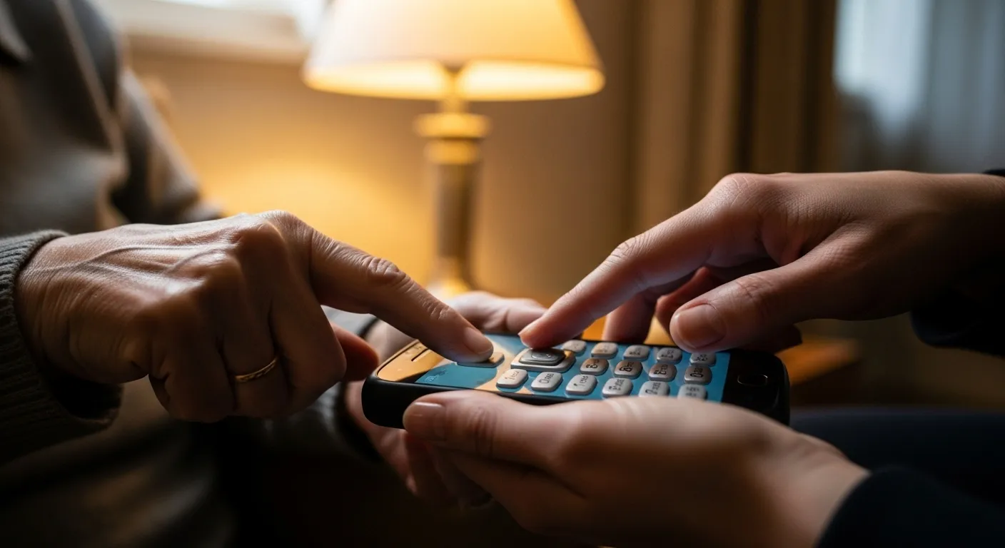 A close-up of an older hand and a younger hand touching a smartphone screen together in warm, soft light.