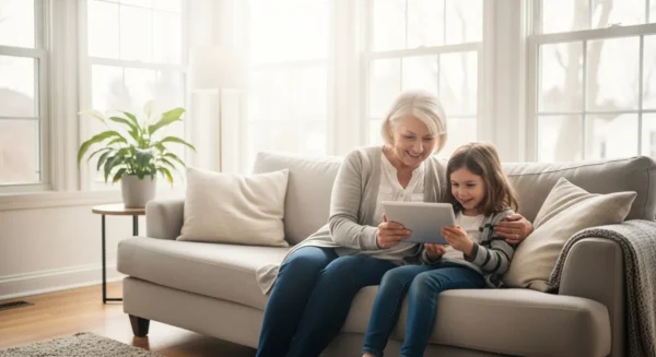 A smiling senior woman and her grandchild sit together on a couch in a sunlit living room, happily engaged with a tablet computer.