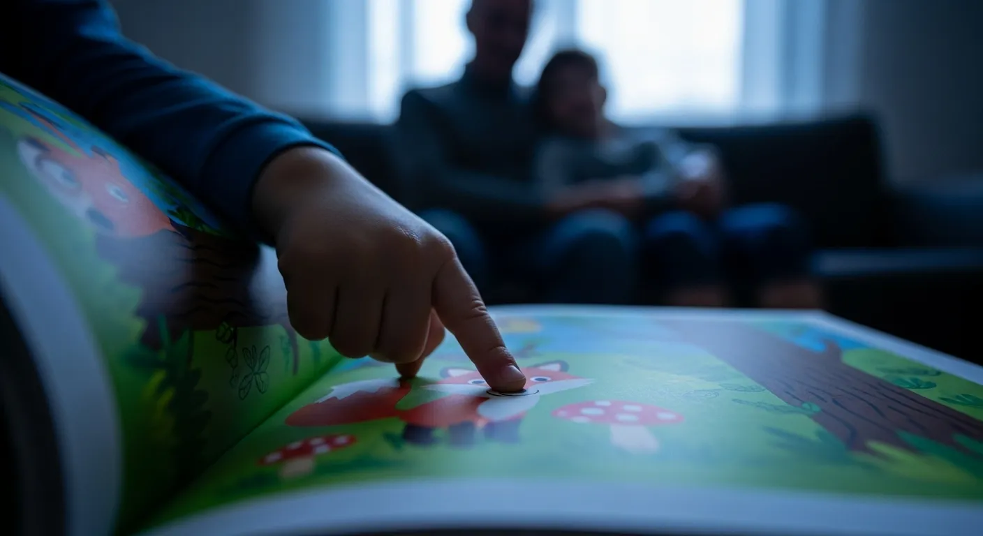 A close-up of a child's hand on a storybook page, with the blurred figures of a grandparent and child reading together on a sofa at dusk.