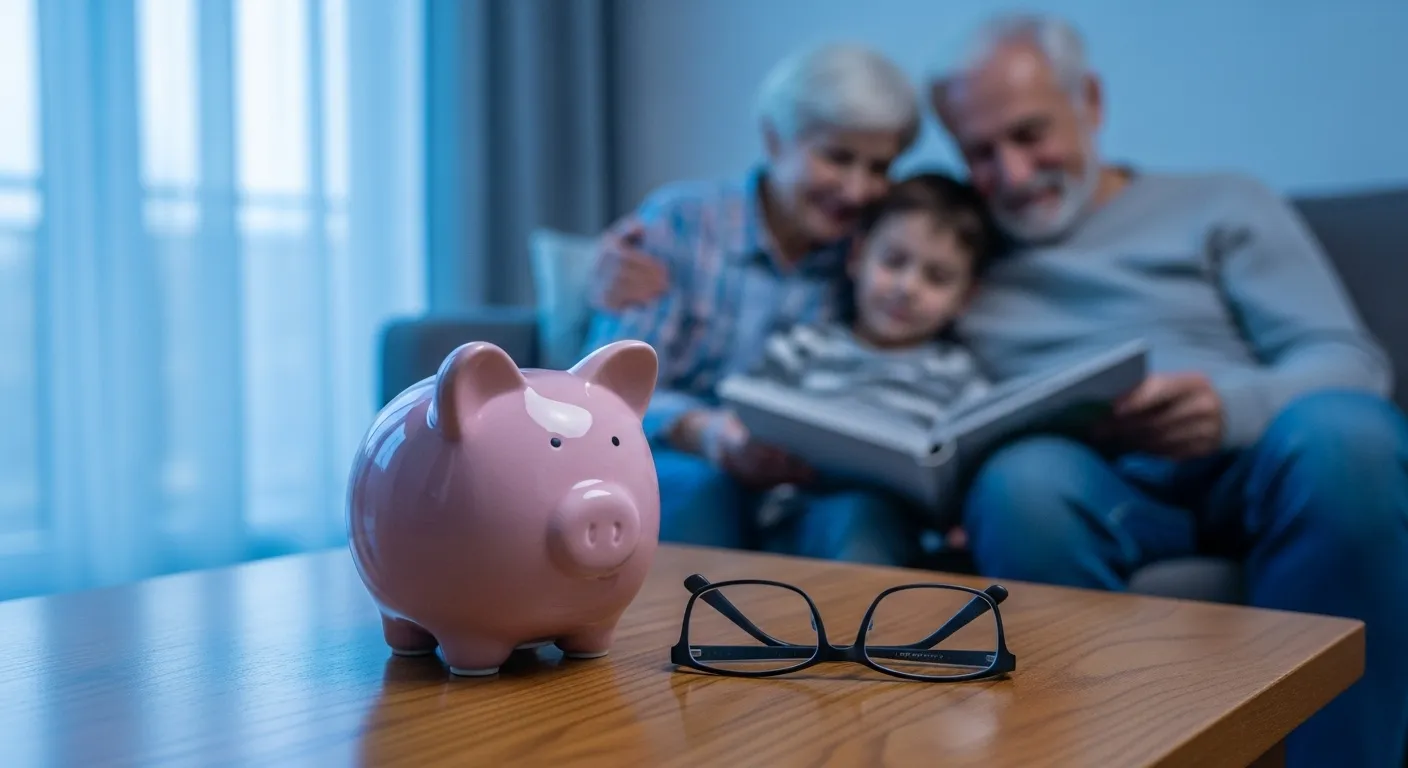 Close-up of a piggy bank and reading glasses, with a grandparent and grandchild reading on a sofa in the blurry background at dusk.