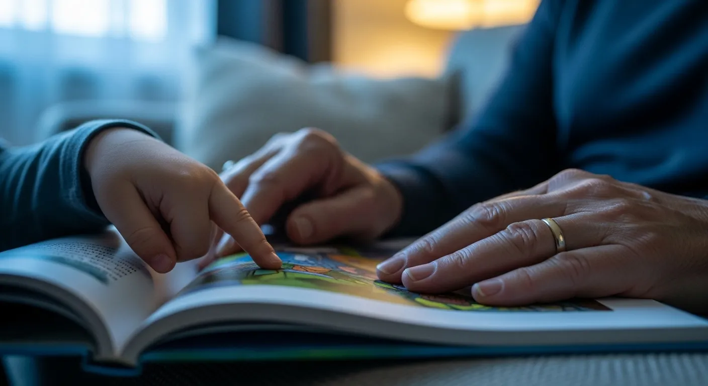 A close-up of a child's hand and a grandparent's hand together on an open, softly illustrated storybook page during twilight.
