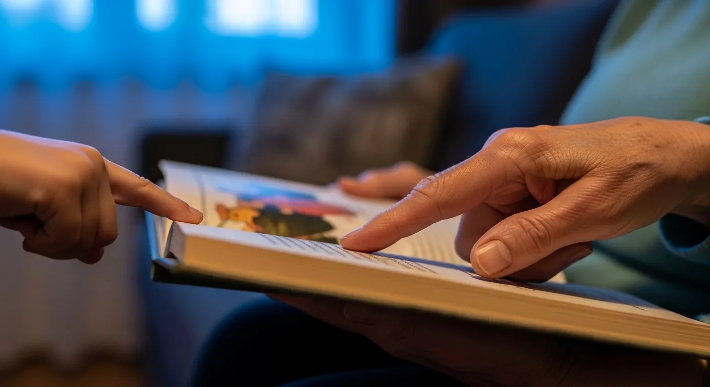 A close-up of a grandparent's hand and a child's hand on an open storybook. In the background, a living room is seen at dusk.