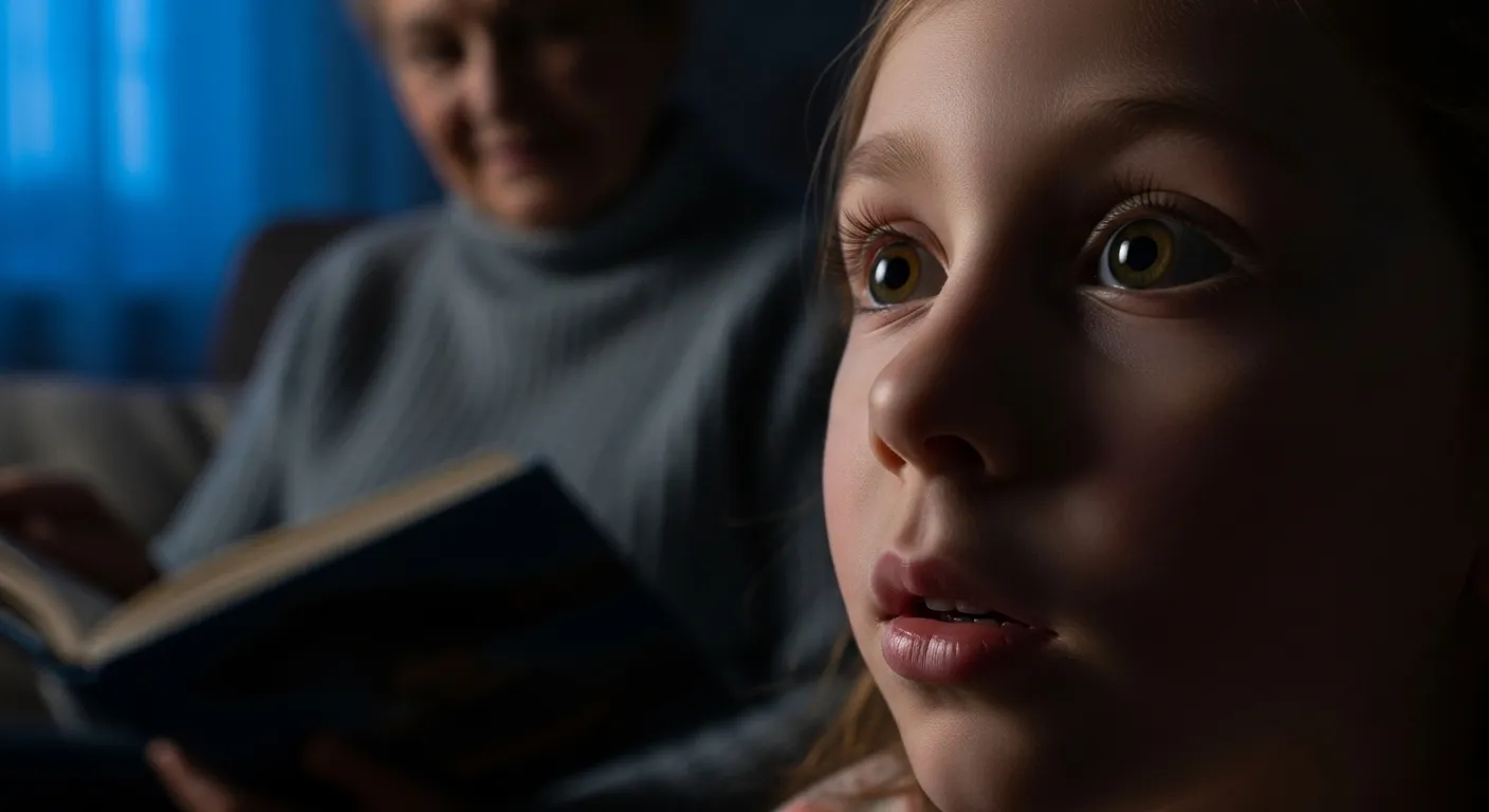 A tight close-up on a child's captivated face as they listen to a story at dusk, with their grandparent softly blurred beside them.